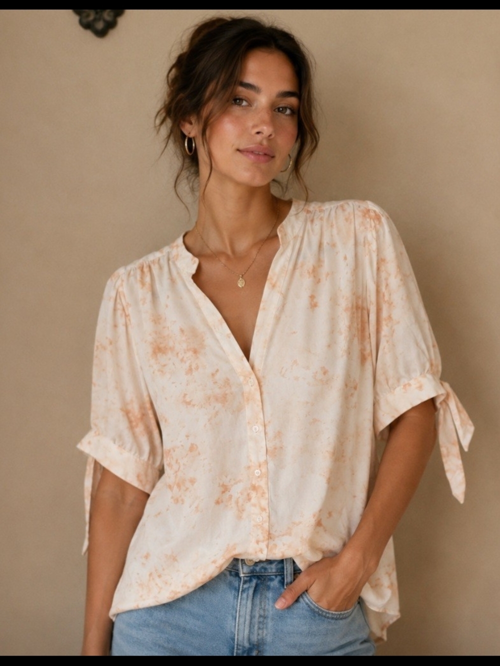 Ava & Viv Cream and Orange Tie-Dye Button Front Blouse Size 1X